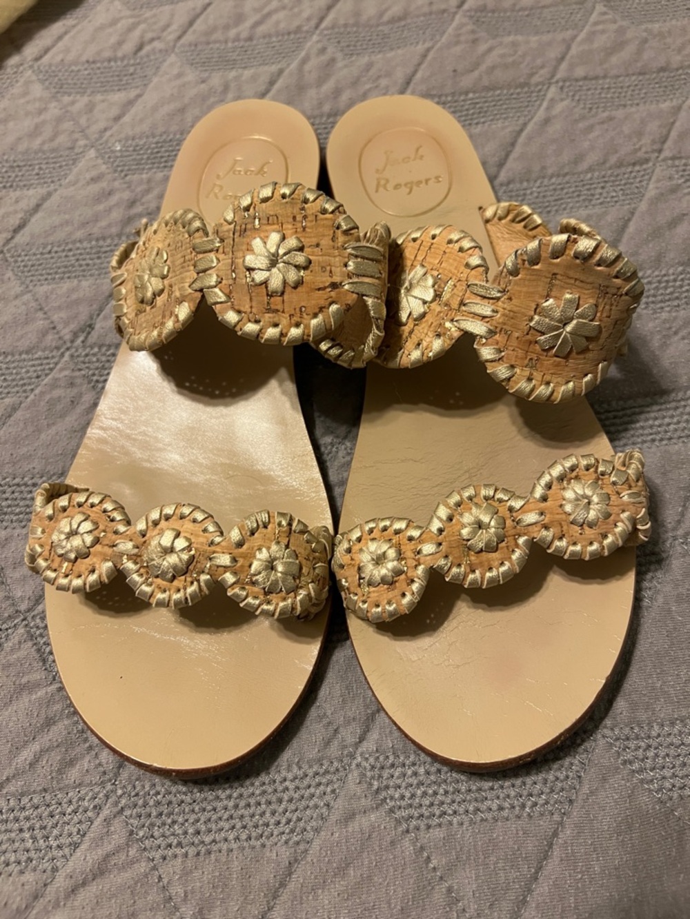 Jack Rogers Gold and Natural Cork Medallion Slide Sandals